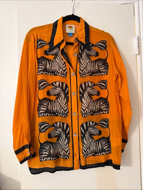 FARM Rio Tops - FARM Rio Orange Black Zebra Panel Button-Down Shirt